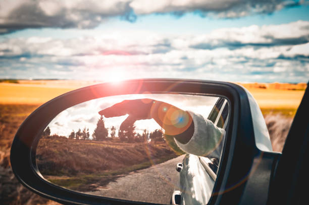el placer de conducir. bichón. - rear view mirror car mirror sun fotografías e imágenes de stock