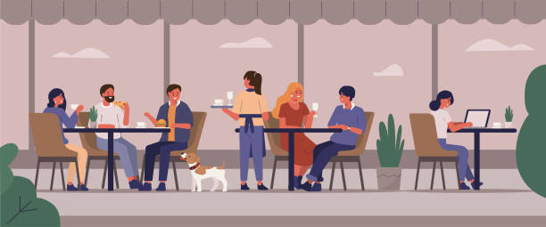 ilustrações, clipart, desenhos animados e ícones de café de rua - table restaurant chair people