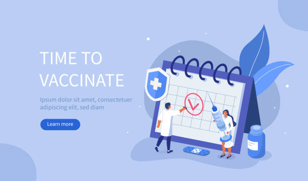 vaccination Medical Staff take care about People Immunity. Doctor Create Vaccination Schedule. Nurse holding Syringe. Immunization Campaign Concept. Flat Isometric Vector Illustration. injecting flu virus vaccination child stock illustrations