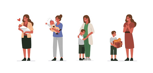 Mother and Child Characters Set. Mother Holding Baby in Arms. Woman Playing with her Toddler Son. Kid Hugging his Mom. Maternity and Mother`s Day Concept. Flat Cartoon Vector Illustration.