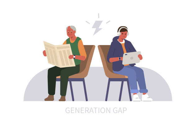 generation gap Elderly Man reading Newspaper, Teenage Boy using Tablet. Two People Characters Arguing. Baby Boomer and Millennial or Generation Z Conflict. Generation Gap Concept. Flat Cartoon Vector Illustration. gen z stock illustrations