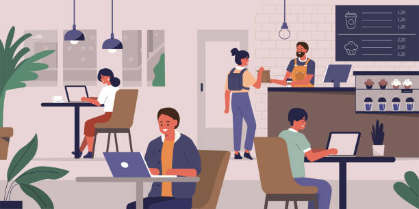 cafe Young People Characters Dinning and Working in modern Coffehouse. Woman and Man Working and Drinking Coffee. Coworking Loft Office with Cafe. Freelancers at Work. Flat Cartoon Vector Illustration. cafe illustrations stock illustrations