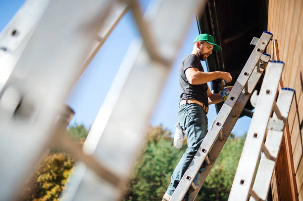 A side view of mature man outdoors in summer, painting wooden house. A side view of mature man outdoors in summer, painting wooden house. Copy space. man on ladder stock pictures, royalty-free photos & images