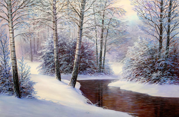 Christmas forest with river Winter landscape with the river. Original oil painting. christmas oil painting stock illustrations