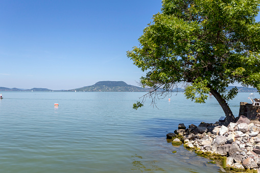 Lake Balaton view from Fonyod with the Badacsony mountain in the background.