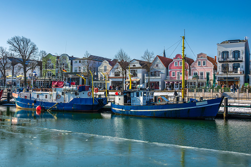 Fishing boats in winter time in Warnemuende, Germany
