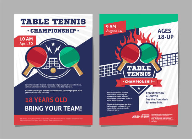 illustrations, cliparts, dessins animés et icônes de tennis de table, affiches de championnat de ping pong, flyer avec la boule de tennis de table et les raquettes de tennis de table - conception de vecteur de modèle - tennis de table