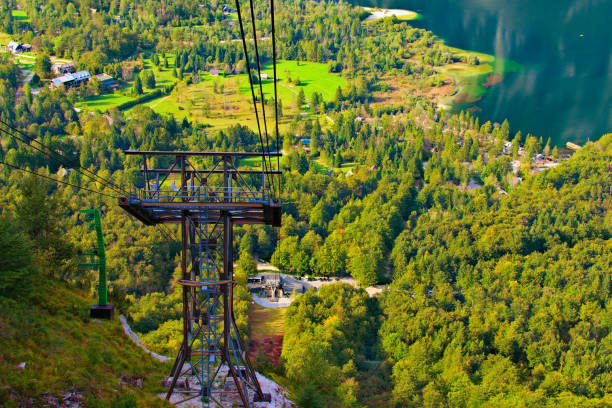 istock Panoramic view of the Cable Car Column and Vogel cable car low station in the background. Picturesque nature landscape of valley near Bohinj Lake. Famous touristic place and travel destination 1188948257