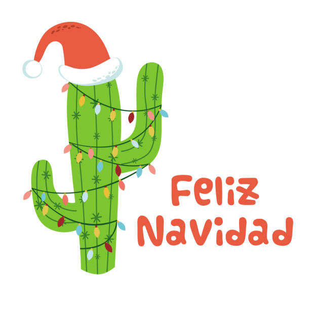 istock Christmas cactus in Santa hat banner Text Merry Christmas in Spanish Christmas light cactus Vector 1188951527
