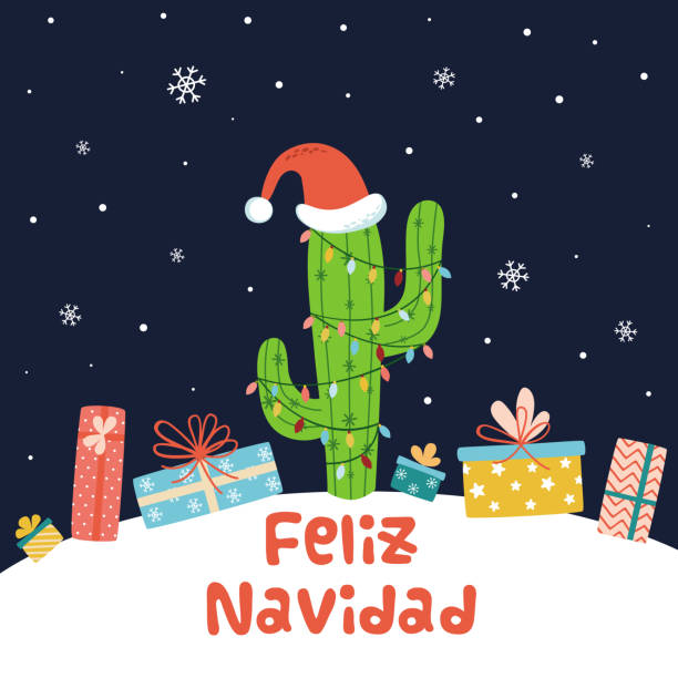 istock Cactus Christmas background Card full gifts present boxes on snowy dark landscape Vector cartoon banner 1188951554
