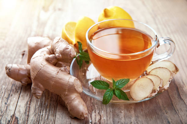 Ginger tea with lemon and mint stock photo