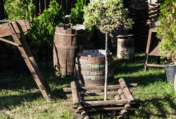 Old wooden oak barrels. Old things from the barn