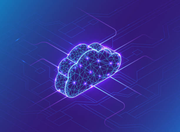 illustrazioni stock, clip art, cartoni animati e icone di tendenza di concetto di cloud computing, luce al neon, connessione in rete neurale, sfondo tecnologico vettoriale isometrico, design blu moderno high tech - cloud computing
