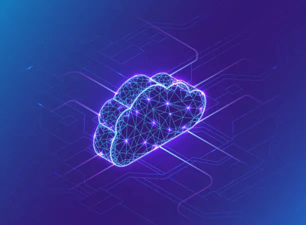 Vector illustration of Cloud computing concept, neon light, connection in neural network, isometric vector technolodgy background, high tech modern blue design