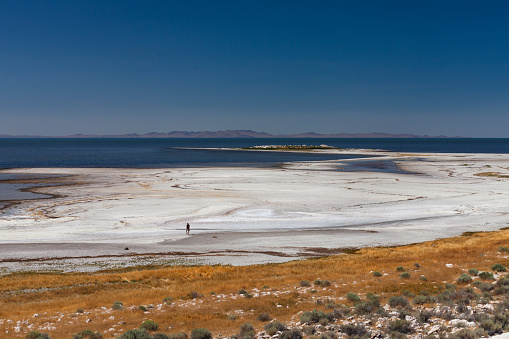 An unrecognisable man standing in the salt on the shore of the Salt Lake, Utah, USA.