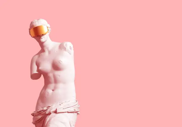 3D Model Aphrodite With Golden VR Glasses On Pink Background. 3D Illustration.