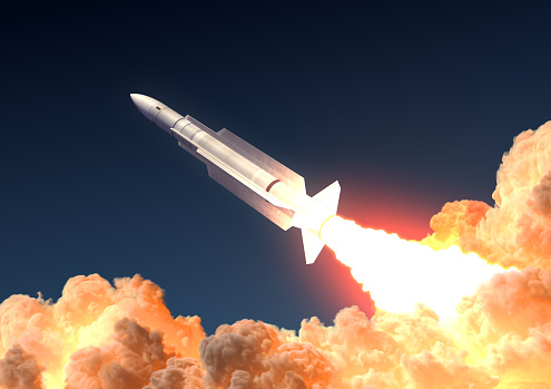 Military Rocket Launch In The Clouds Of Fire. 3D Illustration.