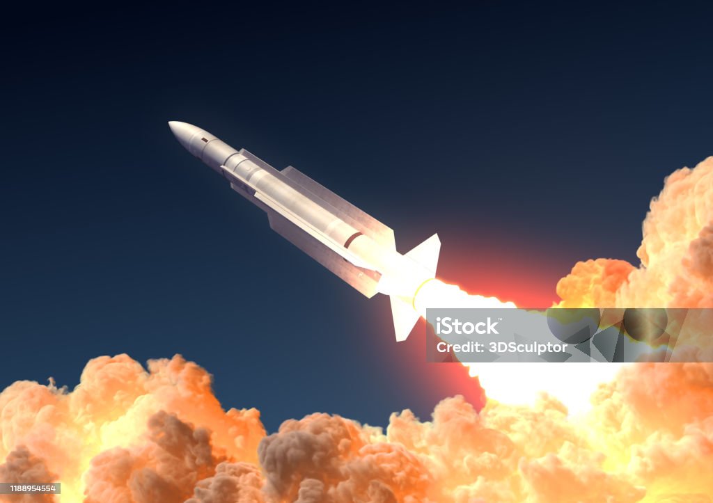Military Rocket Launch In The Clouds Of Fire Military Rocket Launch In The Clouds Of Fire. 3D Illustration. Rocketship Stock Photo