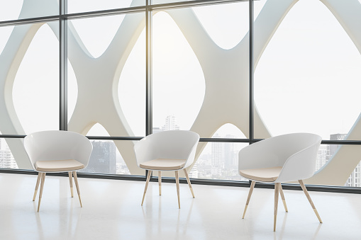 Abstract interior with panoramic city view, chairs and reflections on concrete floor. 3D Rendering