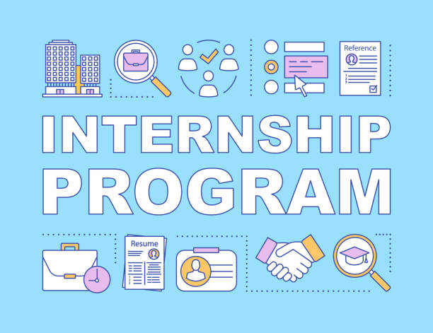 Internship program word concepts banner Internship program word concepts banner. Student practice. High-potential specialist coaching. Presentation, website. Isolated lettering typography idea, linear icons. Vector outline illustration trainee stock illustrations