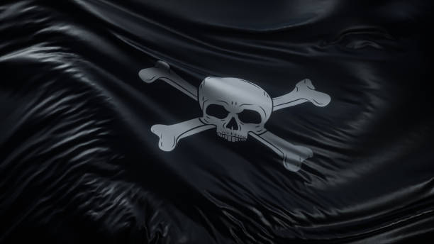 Image of Jolly Roger Black Pirate Flag With Human Skull On Blue sea background