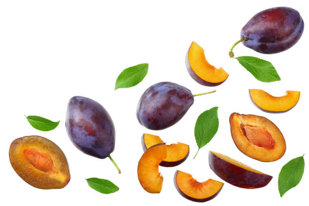 istock fresh plum fruit with green leaf and cut plum slices isolated on white background. top view 1188959755