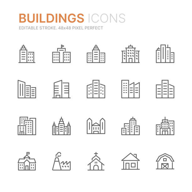 ilustrações de stock, clip art, desenhos animados e ícones de collection of buildings related line icons. 48x48 pixel perfect. editable stroke - civil building