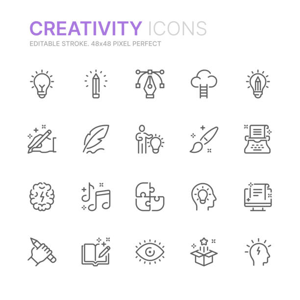 ilustrações de stock, clip art, desenhos animados e ícones de collection of creativity related line icons. 48x48 pixel perfect. editable stroke - box thinking creativity inspiration