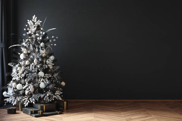 arbol de navidad en el interior de la habitación negra - christmas home fotografías e imágenes de stock