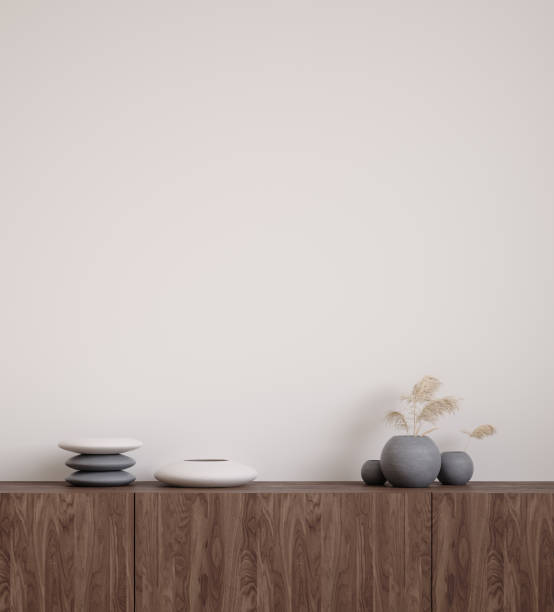 istock Wall mock up closeup with stones and grass in vase on cupboard 1188960462