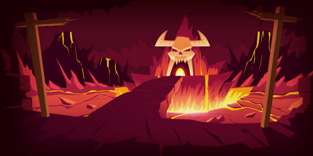 ilustrações, clipart, desenhos animados e ícones de paisagem do inferno, desenhos animados infernais da caverna de pedra - inferno fire flame skull