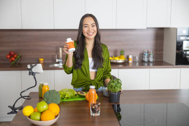 Girl with a dietary supplement posing for the camera