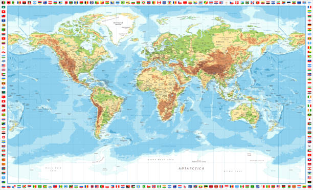 weltkarte und flaggen - physische topographic - vektor detaillierte illustration - map topography topographic map symbol stock-grafiken, -clipart, -cartoons und -symbole