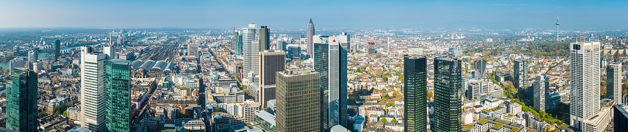 Aerial panorama over the downtown financial district skyscrapers of Frankfurt, Germany’s banking capital.