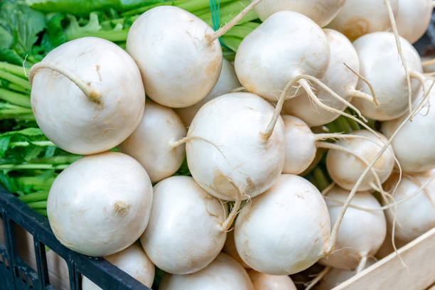 istock Freshly harvest white radish on a market stall. 1188964933