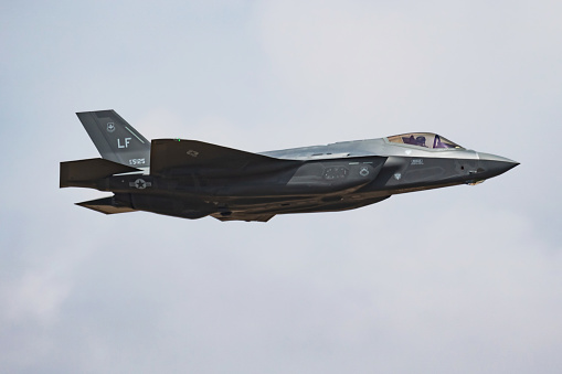 2018: United States Air Force USAF Lockheed F-35A Lightning 15-5125 fighter jet display for RIAT Royal International Air Tattoo 2018 airshow
