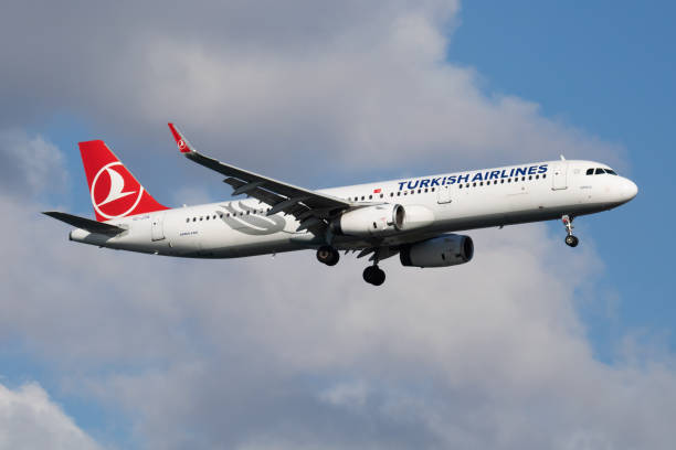 터키 항공 에어버스 a321 tc-jtk 여객기 이스탄불 아타튀르크 공항 도착 및 착륙 - commercial airplane airplane airbus passenger 뉴스 사진 이미지