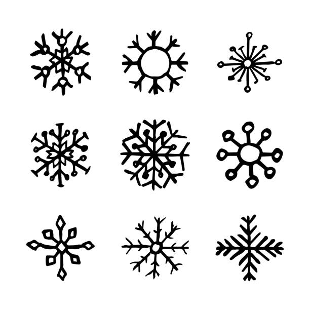 Snowflake-07 Hand drawn snowflakes on white background. Set of  nine dark snowflakes. Christmas and New Year decoration elements. Vector illustration. snowflake shape drawings stock illustrations