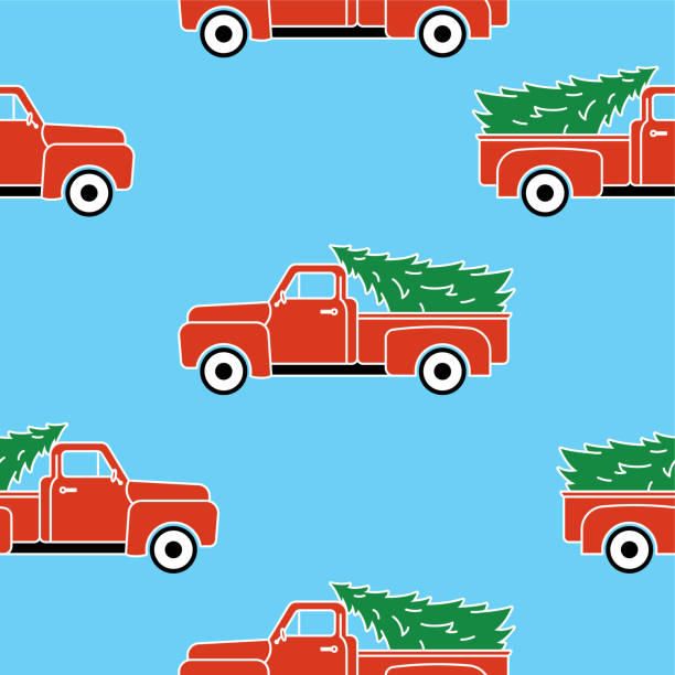 ilustrações, clipart, desenhos animados e ícones de padrão de azulejos do caminhão vermelho - christmas season christmas tree nostalgia