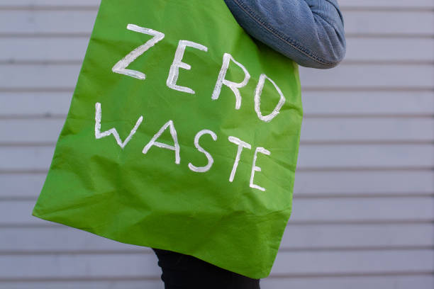 istock Green textile eco bag with the text zero waste on a girl’s shoulder. 1188970133