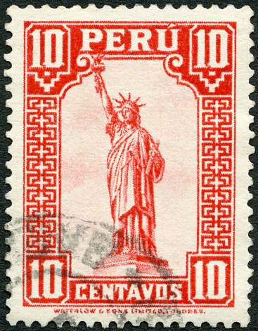 Postage stamp printed in Peru shows Statue of Liberty, Liberty Enlightening the World, 1932