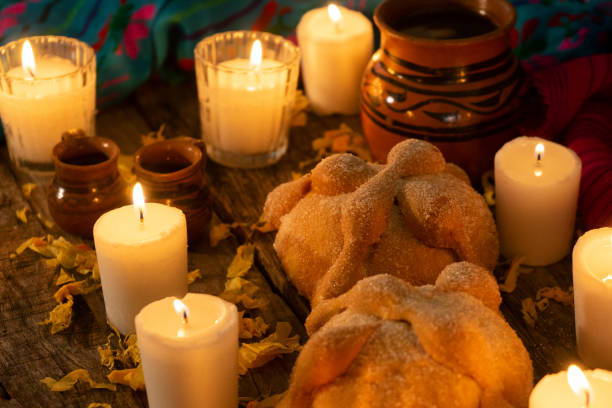 istock Mexican day of the dead altar with bread and coffee 1188972092