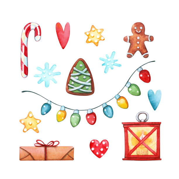 bright watercolor set of christmas decorations Hand drawn watercolor illustration clipart set of gingerbread, burning lantern, garland string with light bulbs, candy cane and christmas gift isolated on white. Winter holidays design elements watercolor lantern set stock illustrations