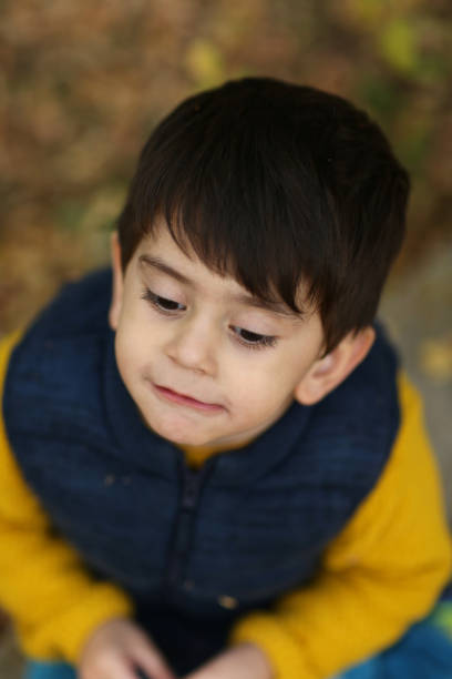 Little boy during stroll in the forest at sunny autumn day