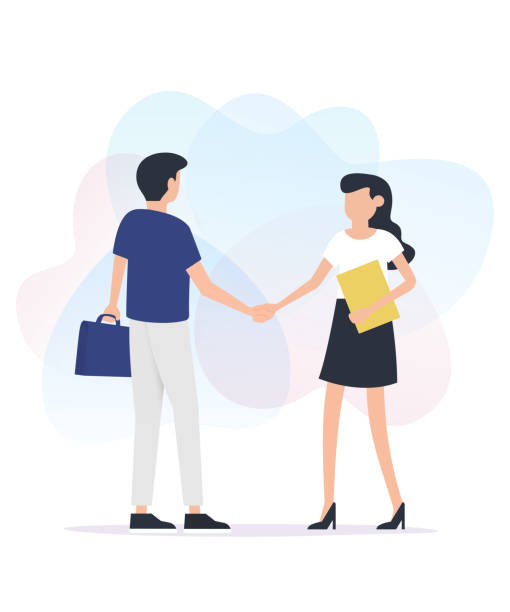 мужчина и женщина стоят вместе и пожимая друг другу руки - businessman two people business person handshake stock illustrations