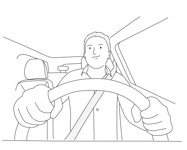 Sketch of man driving a car. Line drawing vector illustration. car sketches stock illustrations