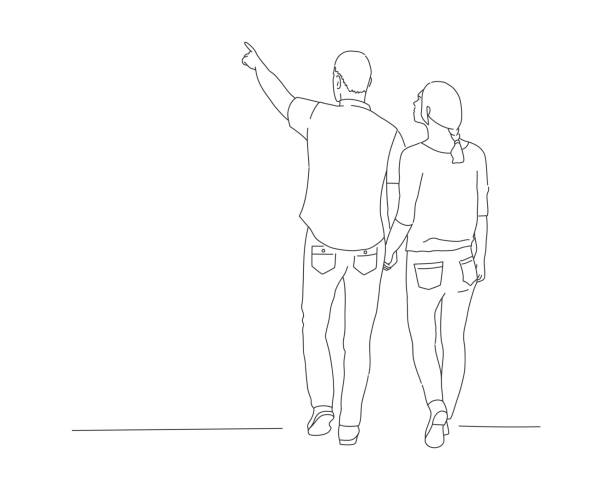 Sketch of walking young couple. Man pointing. Rear view. Line drawing vector illustration. human back stock illustrations