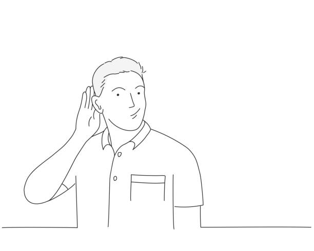 Say more loudly. Man smiling and having his hand hear his ear and showing that he cant hear. Deaf guy. Line drawing vector illustration. listening illustrations stock illustrations