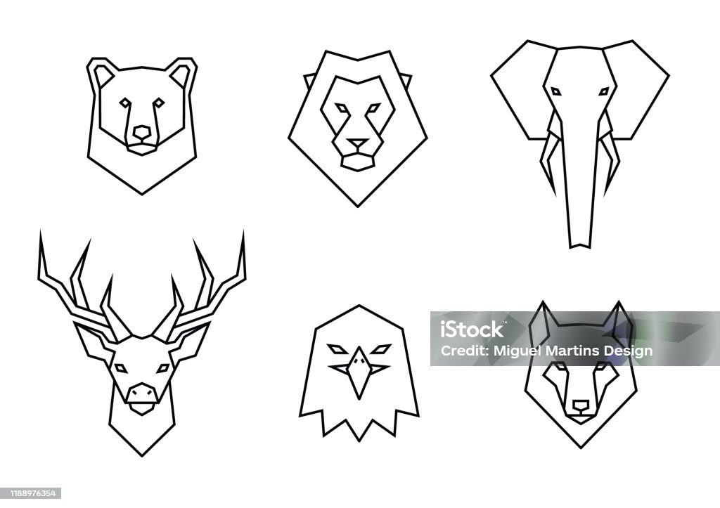 Set of polygon wild animals icons. Geometric heads of a bear, lion, elephant, deer, eagle and wolf. Linear style vector collection illustration. EPS 10 Lion - Feline stock vector