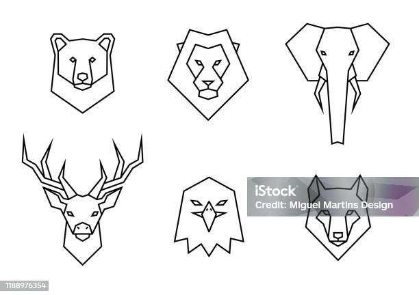 Set Of Polygon Wild Animals Icons Geometric Heads Of A Bear Lion Elephant Deer Eagle And Wolf Linear Style Vector Collection Illustration Stock Illustration - Download Image Now